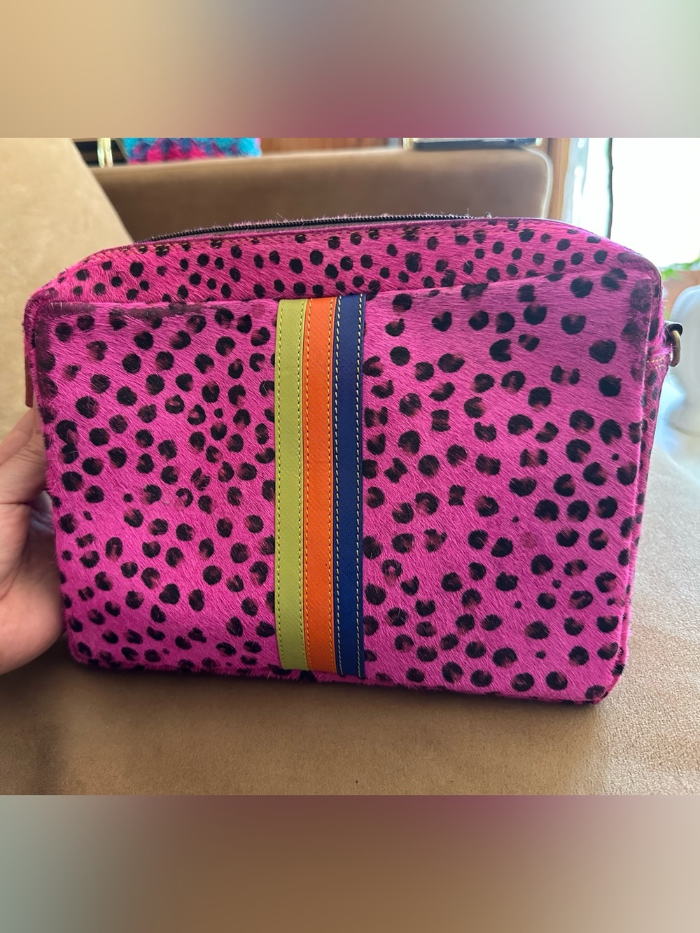 Pink Leopard Print Crossbody Bag with Rainbow Stripes